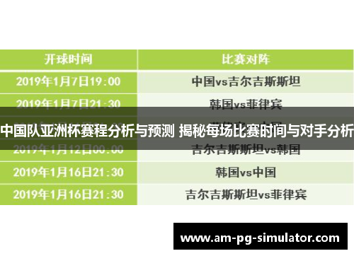 中国队亚洲杯赛程分析与预测 揭秘每场比赛时间与对手分析